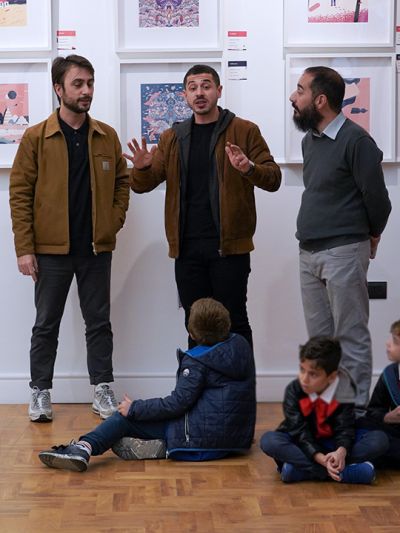 Costantino Rizzuti, interaction designer, Francesco Caporale knows as Fra, famous illustrator and doodle artist , and Luca Manuli, illustrator, explain illustration and animation to young students during the Cose Belle Festival 2019.