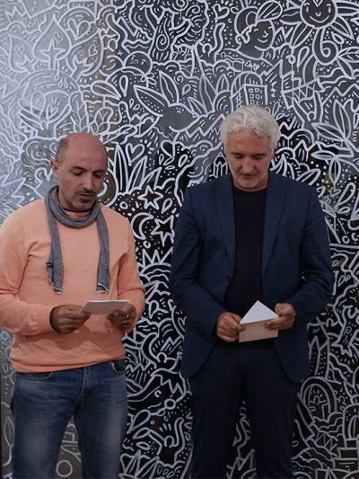 Emilio Leo, Creative Director at Lanificio Leo, and Gennaro Di Cello, Ceo at Italie, announce the winners of the Cose Belle illustrator contest 2019 during the Cose Belle Festival 2019.