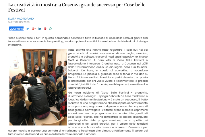 Articolo dedicato a Cose Belle Festival 2019 sulla pagina del portale del magazine Calabria On Web