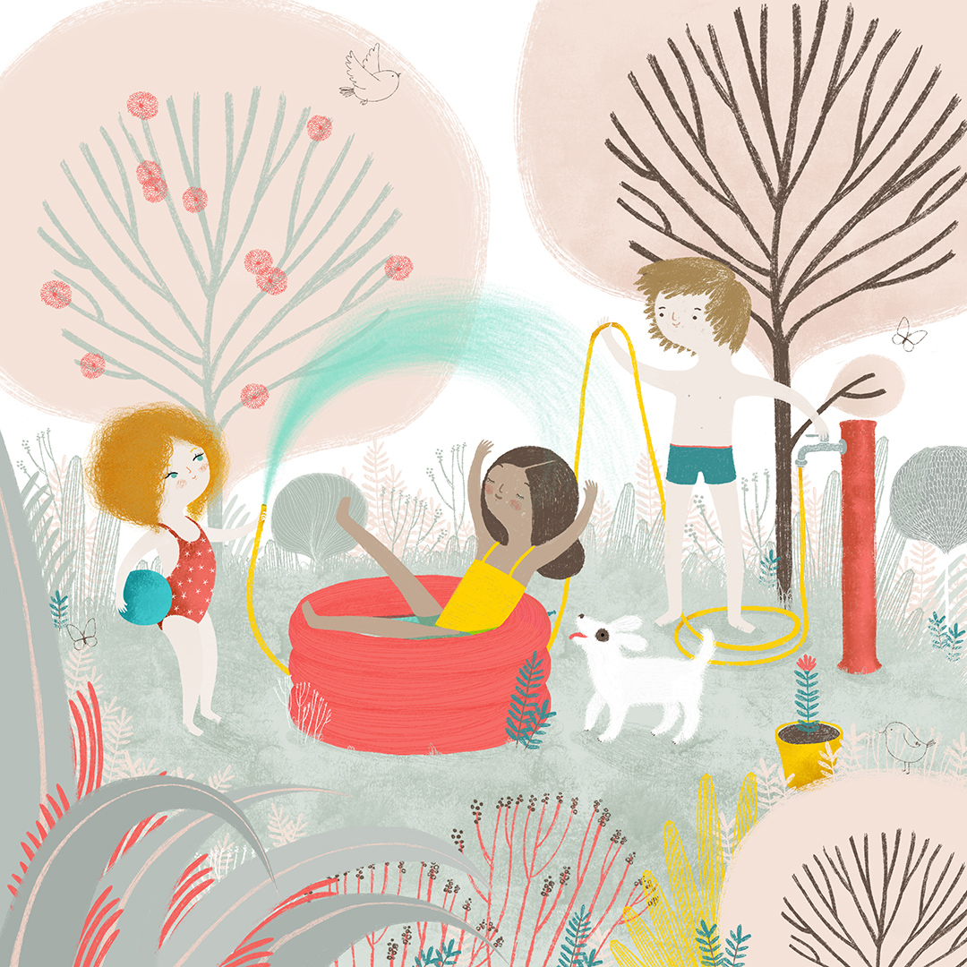 Tre bambini in giardino, come piace a me, illustrazione di Flavia Zuncheddu per Cose Belle Festival 2019
