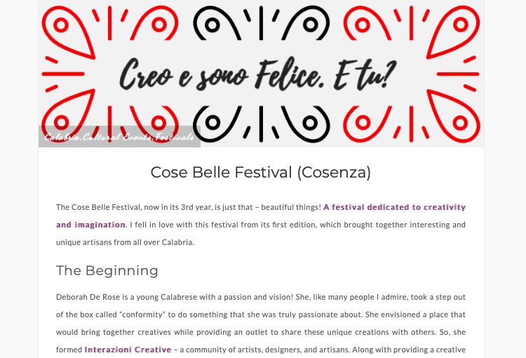Articolo dedicato a Cose Belle Festival 2019 sulla pagina del portale del blog Calabrisella Mia
